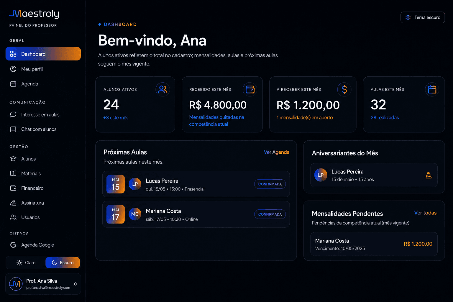 Demonstração do painel Maestroly com gestão de alunos, mensalidades e agenda de aulas